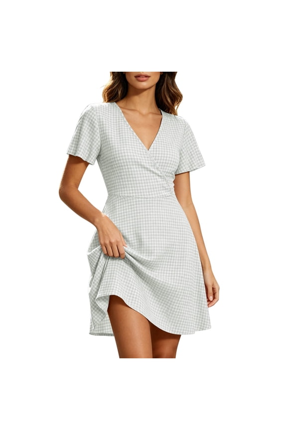 Women's V-Neck Short Sleeve Gingham Wrap A-Line Mini Dress Casual Summer Checkered Flowy Short Dress Gray XXL