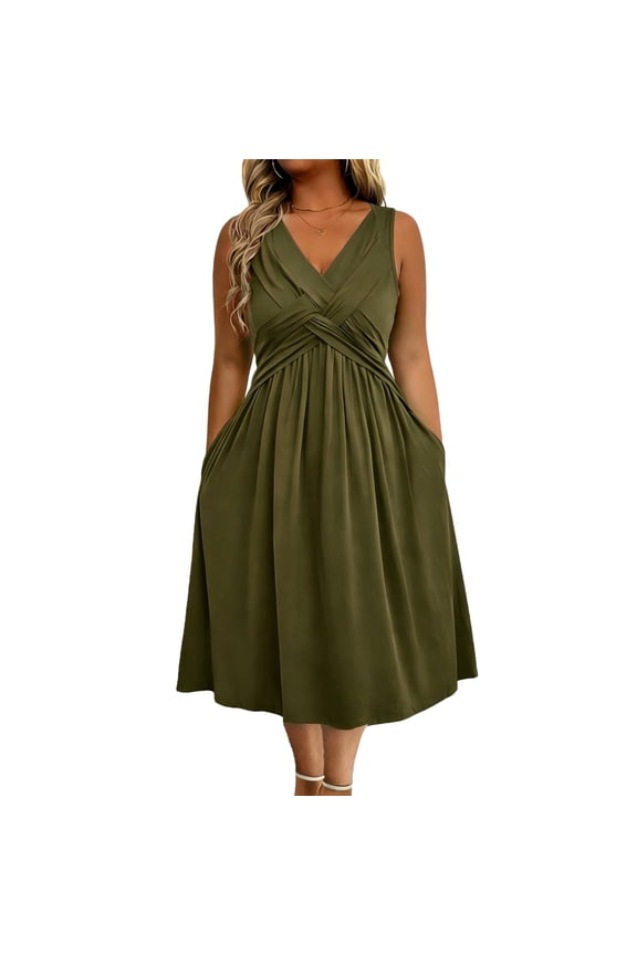 Women's V-Neck Sleeveless Empire Waist A-Line Midi Dress Casual Sundress with Pockets Army Green S