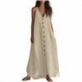 thumbnail image 1 of Yangnuo Women's V-Neck Spaghetti Strap Maxi Dress, Button-Front Solid Color Casual Sundress Ladies Loose Flowy Linen Style Beach Dress with Side Slit, Perfect for Vacation Khaki M, 1 of 5