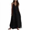 thumbnail image 1 of Yangnuo Women's V-Neck Spaghetti Strap Maxi Dress, Button-Front Solid Color Casual Sundress Ladies Loose Flowy Linen Style Beach Dress with Side Slit, Perfect for Vacation Black L, 1 of 5