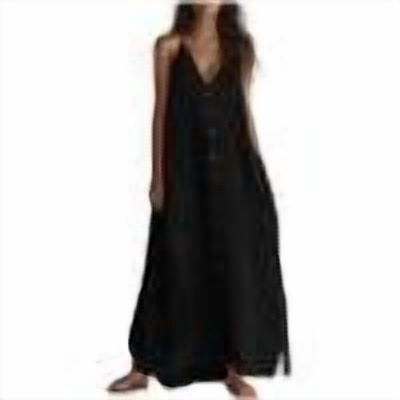 Yangnuo Women's V-Neck Spaghetti Strap Maxi Dress, Button-Front Solid Color Casual Sundress Ladies Loose Flowy Linen Style Beach Dress with Side Slit, Perfect for Vacation Black L