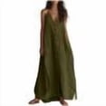 thumbnail image 1 of Yangnuo Women's V-Neck Spaghetti Strap Maxi Dress, Button-Front Solid Color Casual Sundress Ladies Loose Flowy Linen Style Beach Dress with Side Slit, Perfect for Vacation Army Green L, 1 of 5