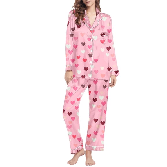 Yangnuo Women's Valentine's Day Heart Print Comfy Collared Pajama Set Women's Casual Day Printed Long Sleeved Lapel Casual Top Pants Pajama Set