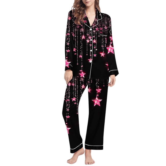 Yangnuo Women's Valentine's Day Heart Print Comfy Collared Pajama Set Women's Casual Day Printed Long Sleeved Lapel Casual Top Pants Pajama Set