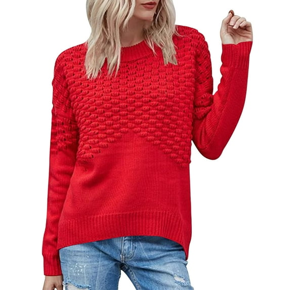 Yangnuo Womens Casual Solid Color Comfy Cozy Sweaters for Fall Winter Women's Solid Color Long Sleeved Round Neck Knitted Acrylic Sweater Top
