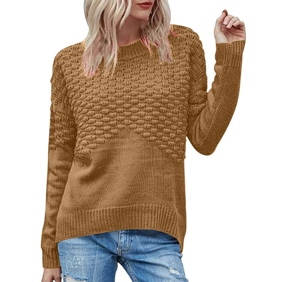 Yangnuo Womens Casual Solid Color Comfy Cozy Sweaters for Fall Winter Women's Solid Color Long Sleeved Round Neck Knitted Acrylic Sweater Top