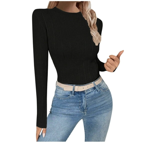 Yangnuo Womens Casual Solid Color Tight Crew Neck Comfy Sweaters 2025 Fall Winter Women Fashionable Round-neck Solid-color Long-sleeved Sweater Top