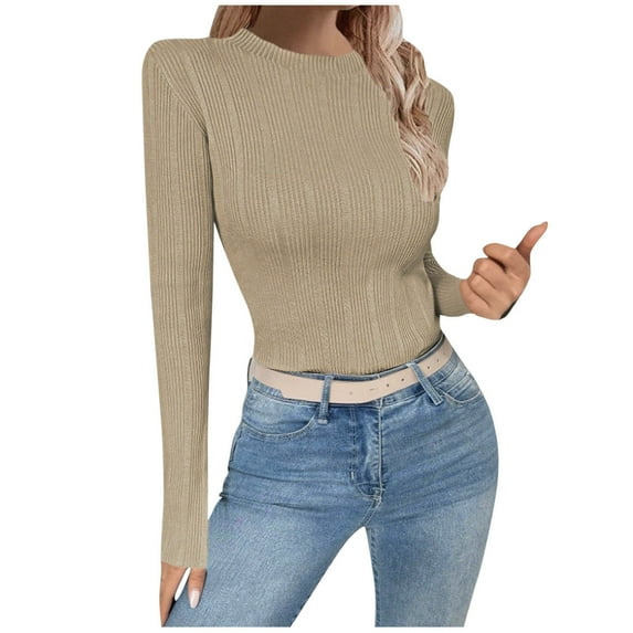 Yangnuo Womens Casual Solid Color Tight Crew Neck Comfy Sweaters 2025 Fall Winter Women Fashionable Round-neck Solid-color Long-sleeved Sweater Top
