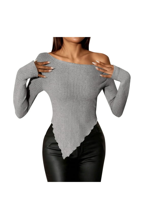 Womens Casual Trendy Cropped Off-Shoulder Blouses Women's Off Shoulder Slim Pullover T-shirt With Slanted Collar And Irregular Hem Long Sleeves