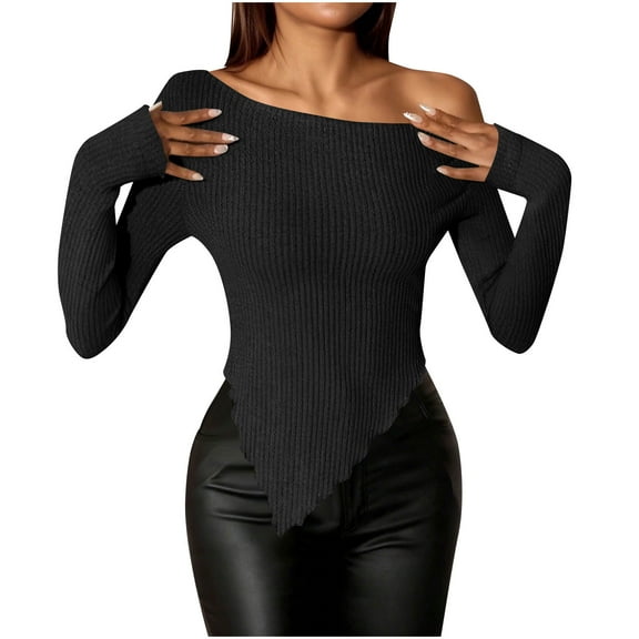Yangnuo Womens Casual Trendy Cropped Off-Shoulder Blouses Women's Off Shoulder Slim Pullover T-shirt With Slanted Collar And Irregular Hem Long Sleeves