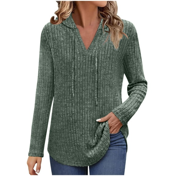 Yangnuo Womens Casual Trendy Solid Color Comfy V-Neck Blouses Women Sanded Long-sleeved Hooded Raglan Sleeve Front Pocket Top