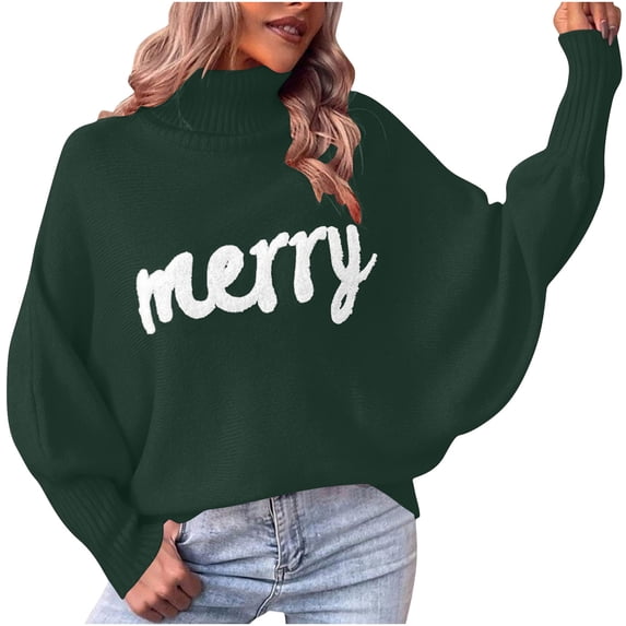 Yangnuo Womens Christmas Letter Sweater Blouses Tops Women's Winter Christmas Turtleneck Sweater Loose Outerwear Knitted Top