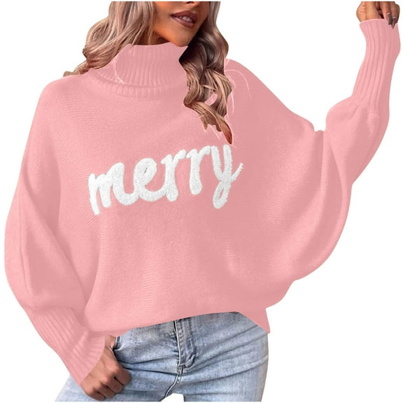 Yangnuo Womens Christmas Letter Sweater Blouses Tops Women's Winter Christmas Turtleneck Sweater Loose Outerwear Knitted Top