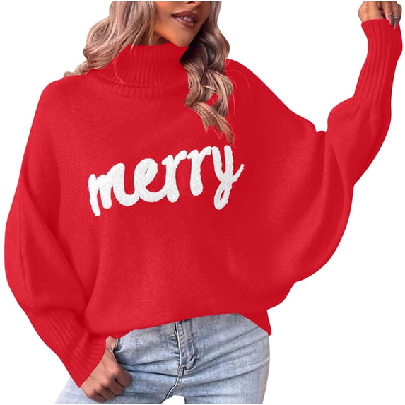 Yangnuo Womens Christmas Letter Sweater Blouses Tops Women's Winter Christmas Turtleneck Sweater Loose Outerwear Knitted Top