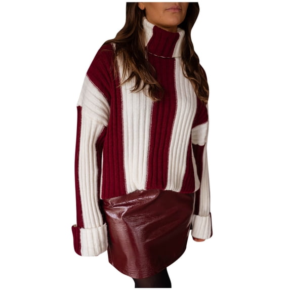 Yangnuo Womens Chunky Comfy Trendy Striped Sweaters Fashion Women's Color Blocked Long Sleeved High Neck Fall And Winter Casual Knitted Sweater Top