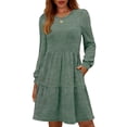 thumbnail image 1 of Yangnuo Womens Crew Neck Long Sleeve Tiered Ruffle Solid Mini Dress With Pockets Casual Swing Dress, 1 of 4