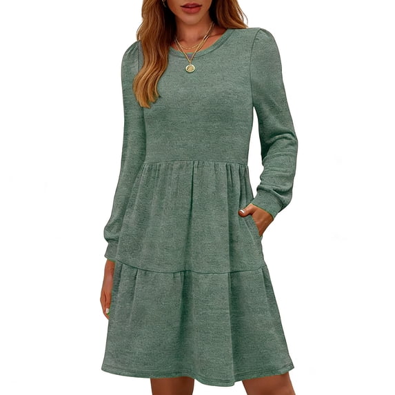 Yangnuo Womens Crew Neck Long Sleeve Tiered Ruffle Solid Mini Dress With Pockets Casual Swing Dress