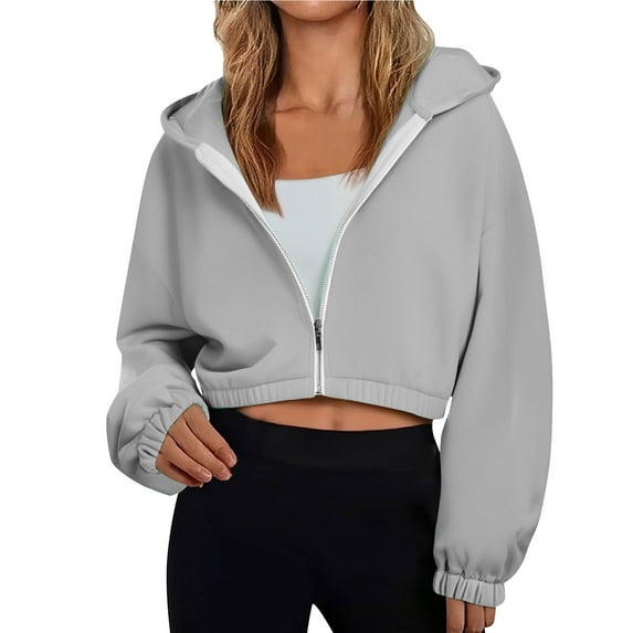 Yangnuo Womens Cropped Fashion Solid Color Sweatshirts Women's Fashion Loose Long Sleeve Pullover Hoodie Sweatshirt Fleece Jacket Coat