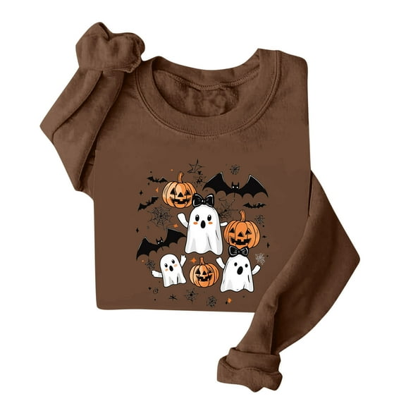 Yangnuo Womens Cute Halloweens Sweatshirts Women's Halloween Printed Long Sleeved Round Neck Loose Top Hoodie