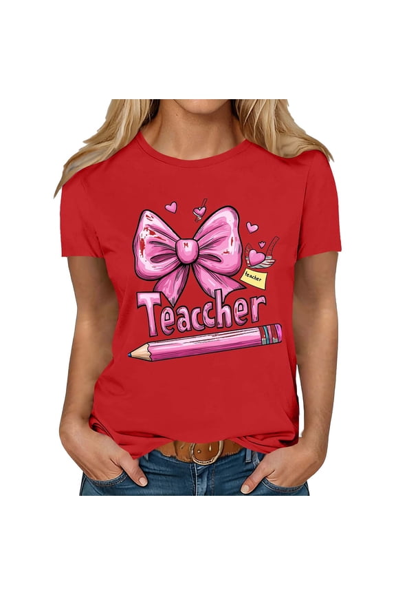 Womens Daily Trendy Printed Crew Neck Short Sleeves Blouses T-shirts Women's Fashion Loose Casual Unstructured Print Round Neck Short Sleeve T-Shirt For School Season