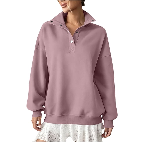 Yangnuo Womens Fashion Casual Lapel High Neck Loose Comfy Sweatshirts 2025 Women's Winter Casual Loose Long Sleeve Button Lapel Sweatshirt Top
