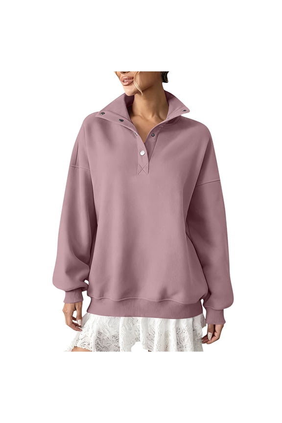 Womens Fashion Casual Lapel High Neck Loose Comfy Sweatshirts 2025 Women's Winter Casual Loose Long Sleeve Button Lapel Sweatshirt Top