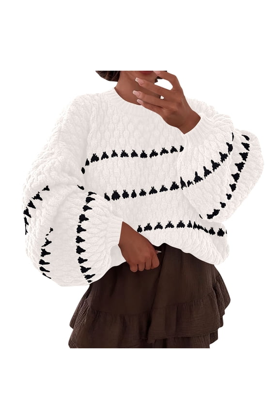 Womens Fashion Casual Loose Striped Cozy Comfy Sweaters Women's Long Sleeved Round Neck Knitted Sweater Pullover Sweater