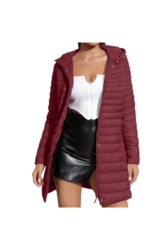 Womens Fashion Casual Warm Hooded Puffer Jackets 2025 Womens Size Solid Ladies Coats Long Sleeve Parkas Tops Zipper Button Blouses Hooded Jacket