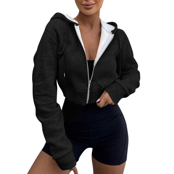Yangnuo Womens Fashion Cropped Sports Jacket Women's Winter Warm Long-sleeved Zipper Casual Short Hooded Coat Jacket