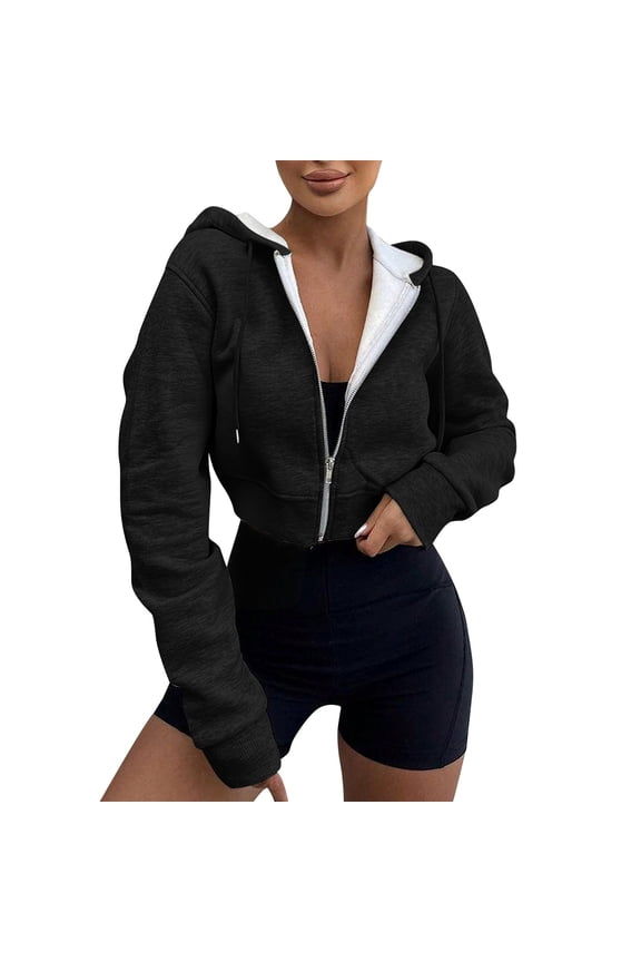 Womens Fashion Cropped Sports Jacket Women's Winter Warm Long-sleeved Zipper Casual Short Hooded Coat Jacket
