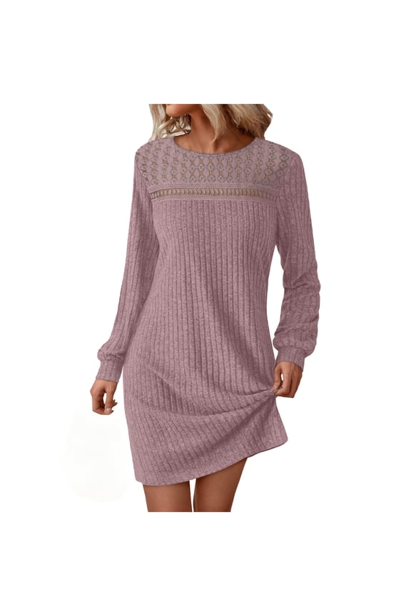 Womens Fashion Daily Lace Patchwork Knitting Comfy Sweater Dress 2026 Women's Long Sleeve Round Neck Pique Ruched Flannel Lace Cut-Out Panel Solid Color Dress