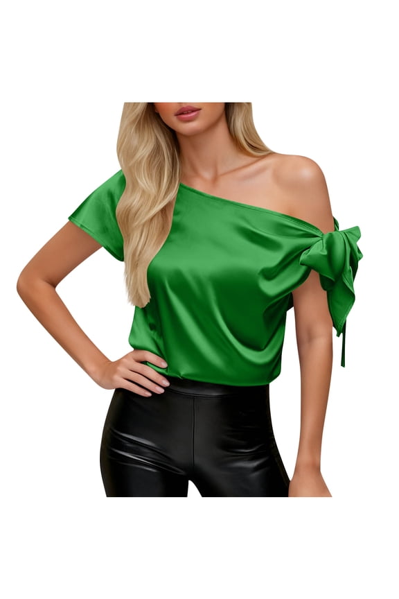 Womens Fashion Elegant One Shoulder Comfy Loose Silk Blouses Tops Women's Off Shoulder Silk Tops Casual Short Sleeve Asymmetrical Neck Satin Blouse Shirts
