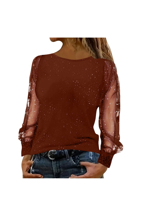 Womens Fashion Loose Comfy Mesh Patchwork Blouses 2026 Fashion Women's Casual Comfortable Solid Long Sleeve Round Neck Blouse T-Shirt Top