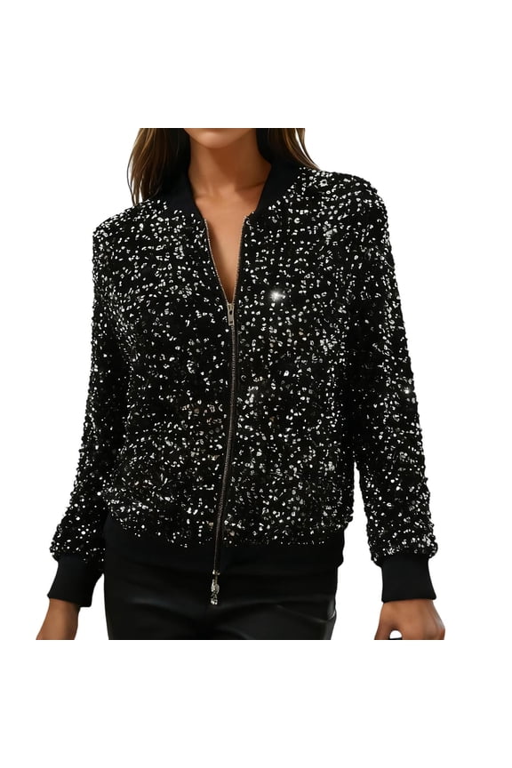 Womens Fashion Shiny Sequins Disco Party Jackets 2026 Women's Daily Party Carnival Christmas Glitter Jacket Tops Zip Coat