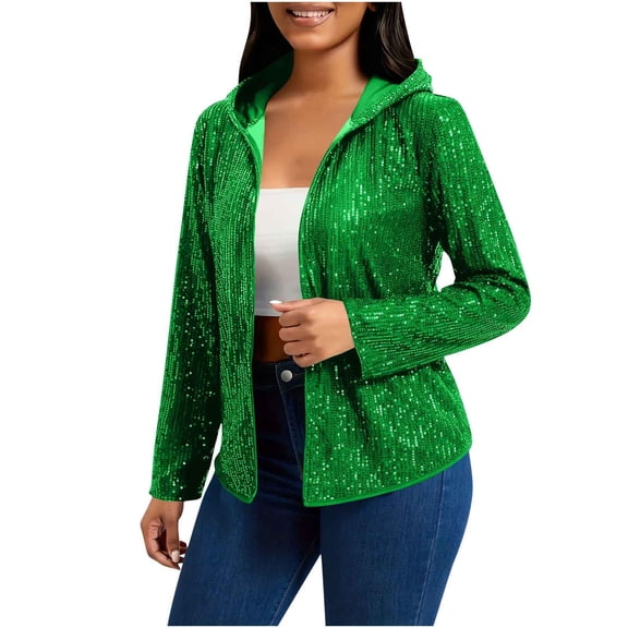 Yangnuo Womens Fashion Shiny Sequins Loose Hooded Comfy Jackets 2026 Women's Long-Sleeved Hooded Solid Color Sequin Casual Cardigan Jacket