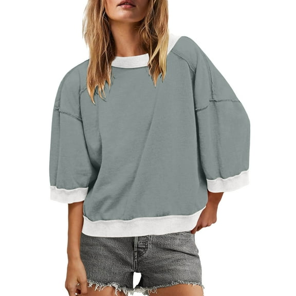 Yangnuo Womens Fashion Sweatshirts Womens Crewneck Short Sleeve Sweatshirt 3/4 Sleeve Tops Color Block Oversized Sweatshirt Shirts