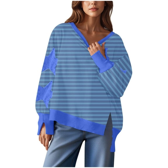 Yangnuo Womens Fashion Trendy Blouses Fashion Women's Fall Stripe Star Long Sleeved Side Slit Pullover Sweatshirt Round Neck Loose Top