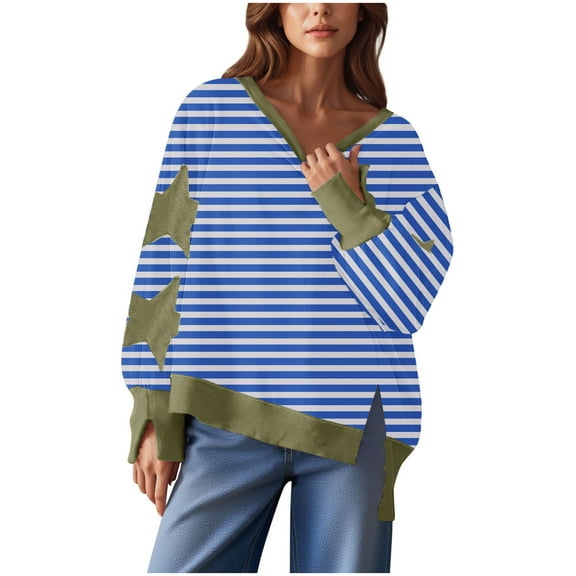 Yangnuo Womens Fashion Trendy Blouses Fashion Women's Fall Stripe Star Long Sleeved Side Slit Pullover Sweatshirt Round Neck Loose Top