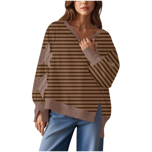 Yangnuo Womens Fashion Trendy Blouses Fashion Women's Fall Stripe Star Long Sleeved Side Slit Pullover Sweatshirt Round Neck Loose Top