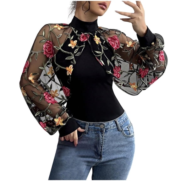 Yangnuo Womens Fashion Trendy Blouses Women's Embroidery Lace Patchwork Long Sleeved Round Neck Top