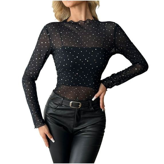 Yangnuo Womens Fashion Trendy Crew Neck Blouses Tops 2025 Fall Winter Women's Mesh Rhinestone Decoration Tops Sheer Long Sleeve Tee Shirts Bodycon