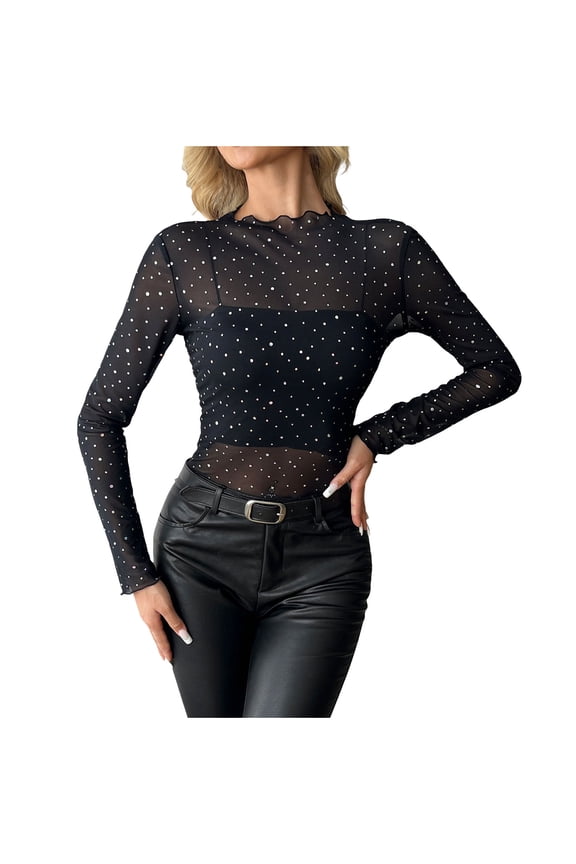 Womens Fashion Trendy Crew Neck Blouses Tops 2025 Fall Winter Women's Mesh Rhinestone Decoration Tops Sheer Long Sleeve Tee Shirts Bodycon
