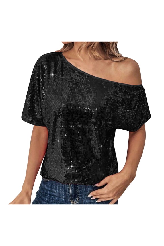 Womens Fashion Trendy Party Shiny Sequins One Shoulder Blouses Tops Women's Sparkly Casual Solid Color Spliced Off Shoulder One Shoulder Short Sleeve Tops