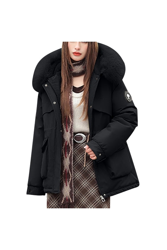 Womens Fashion Warm Fleece Collar Hooded Puffer Jackets 2025 Winter Women's Solid Color Long Sleeved Hooded Fashionable Casual Jacket With Added Fleece