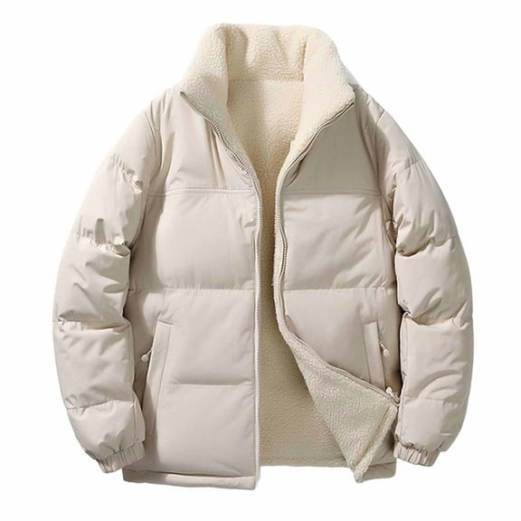 Yangnuo Womens Fashion Warm Fleece Lined Puffer Jackets 2025 Women's Solid Color Zippered Stand-Up Collar Parkas Double Pocket Long Sleeve Hoodless Casual Outwear