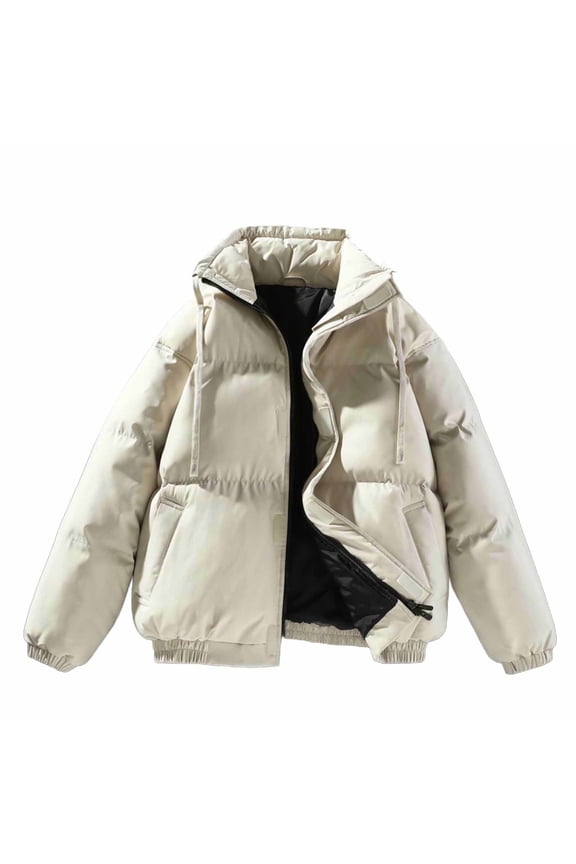 Womens Fashion Warm Puffer Jackets 2025 Fall Winter Women's Solid Color Zippered Stand-Up Collar Parkas Double Pocket Long Sleeve Hoodless Casual Outwear