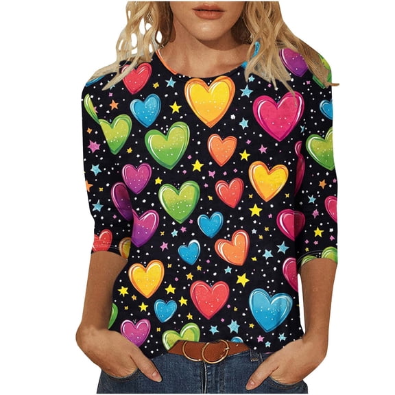 Yangnuo Womens Fashions Daily Valentine's Day Printed Blouses Tops Women's Casual Print Round Neck Three-Quarter Sleeve T-Shirt Loose Top For