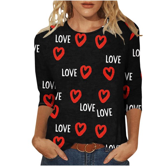 Yangnuo Womens Fashions Daily Valentine's Day Printed Blouses Tops Women's Casual Print Round Neck Three-Quarter Sleeve T-Shirt Loose Top For