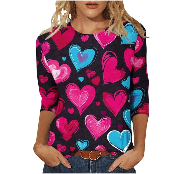 Yangnuo Womens Fashions Daily Valentine's Day Printed Blouses Tops Women's Casual Print Round Neck Three-Quarter Sleeve T-Shirt Loose Top For