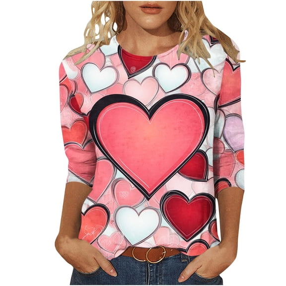 Yangnuo Womens Fashions Daily Valentine's Day Printed Blouses Tops Women's Casual Print Round Neck Three-Quarter Sleeve T-Shirt Loose Top For
